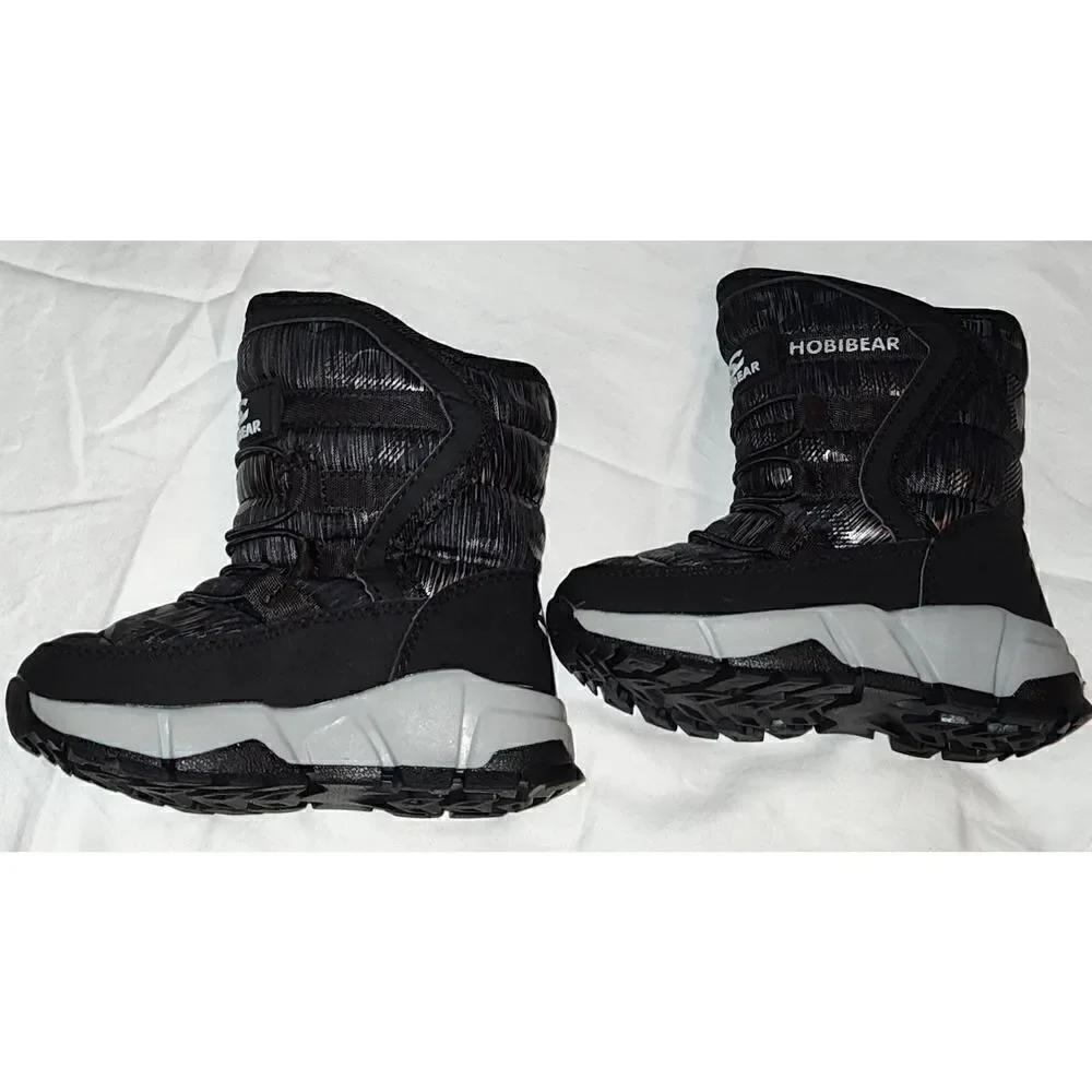 New HOBIBEAR BOY/GIRL SNOW BOOTS BLACK/GRAY CAMOUFLAGE FAUX FUR LINED US SIZE 9.